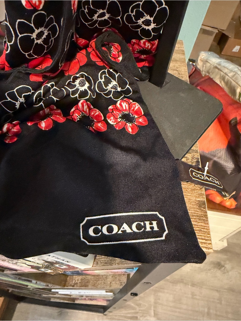 COACH Black Silk Floral Scarf with Red and White Flowers